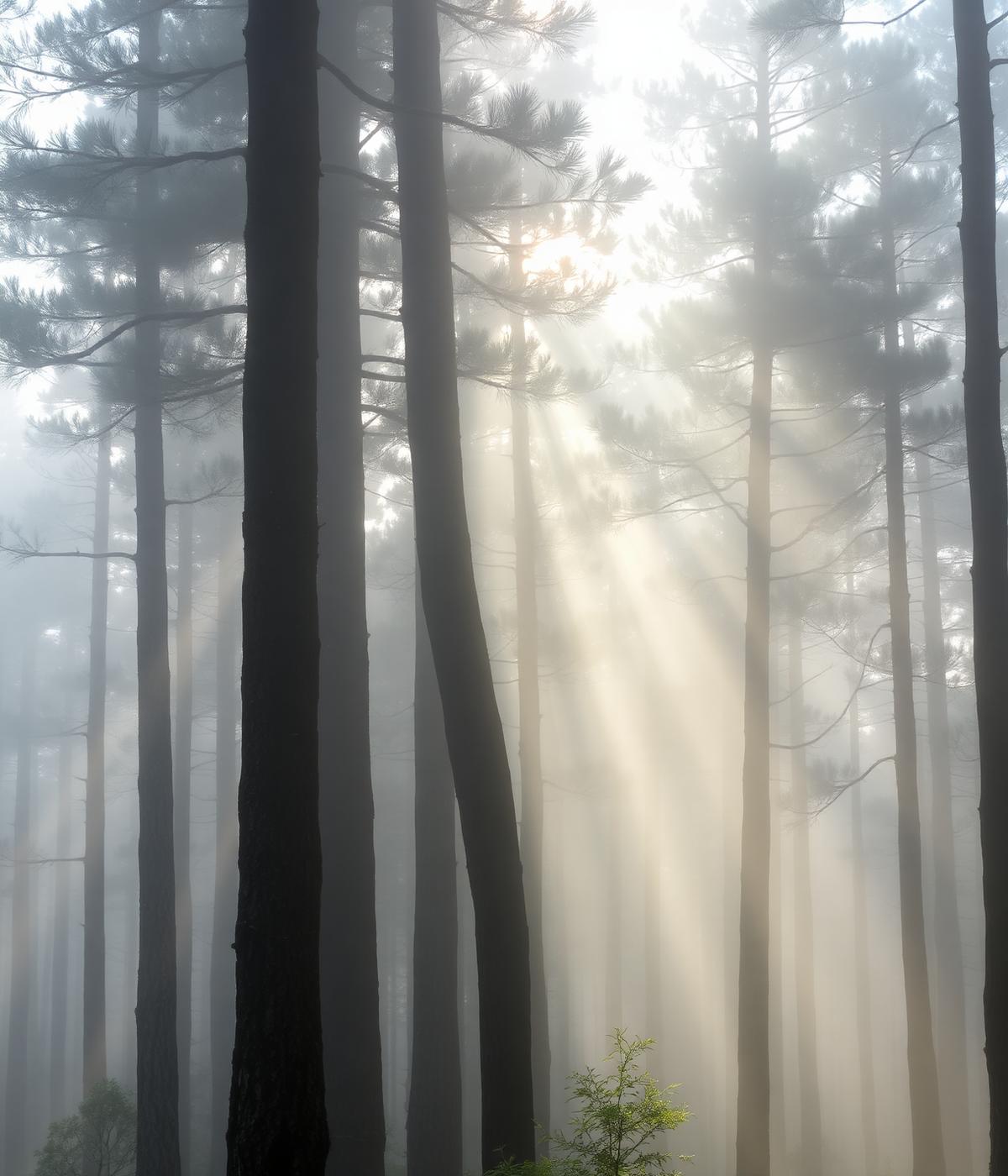Floresta de pinheiros com neblina e raios de sol