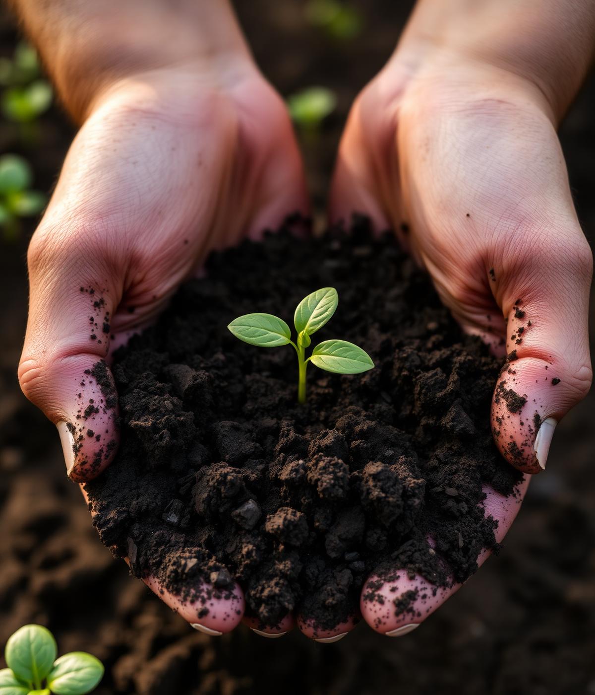 Mãos a segurar terra fértil com um rebento
